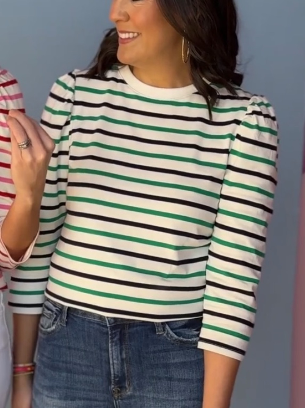 Skies Are Blue Striped Puff-Sleeve Crewneck Tee in White w/ Navy & Green Stripes